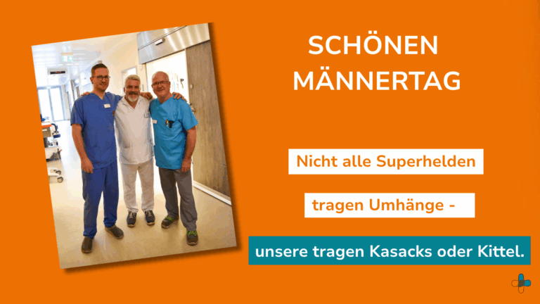 Drei Mitarbeiter des Klinikums in Kittel oder Kasack