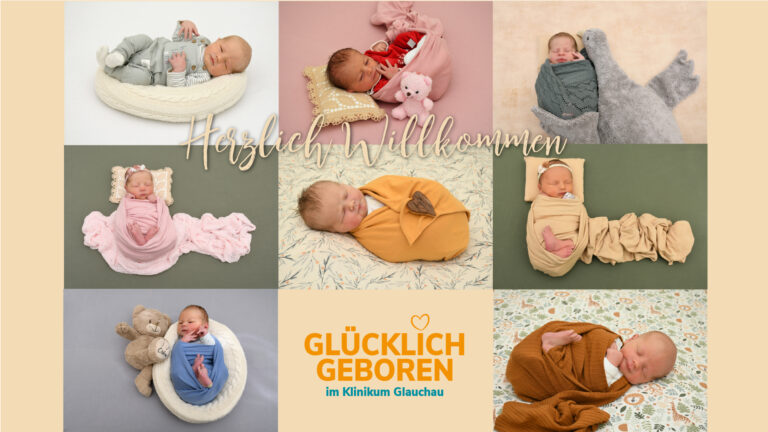 Collage mit schlafenden Neugeborenen aus der Babygalerie des Klinikums Glauchau; Text: „Herzlich Willkommen“ und „Glücklich geboren im Klinikum Glauchau“.