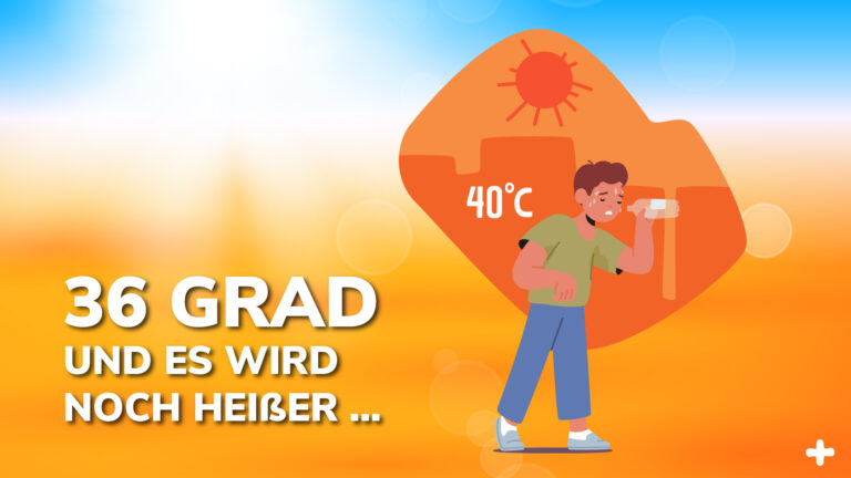 Illustration zu extremer Hitze mit einem erschöpften Jungen, der bei 36 bis 40 Grad Celsius Wasser trinkt.