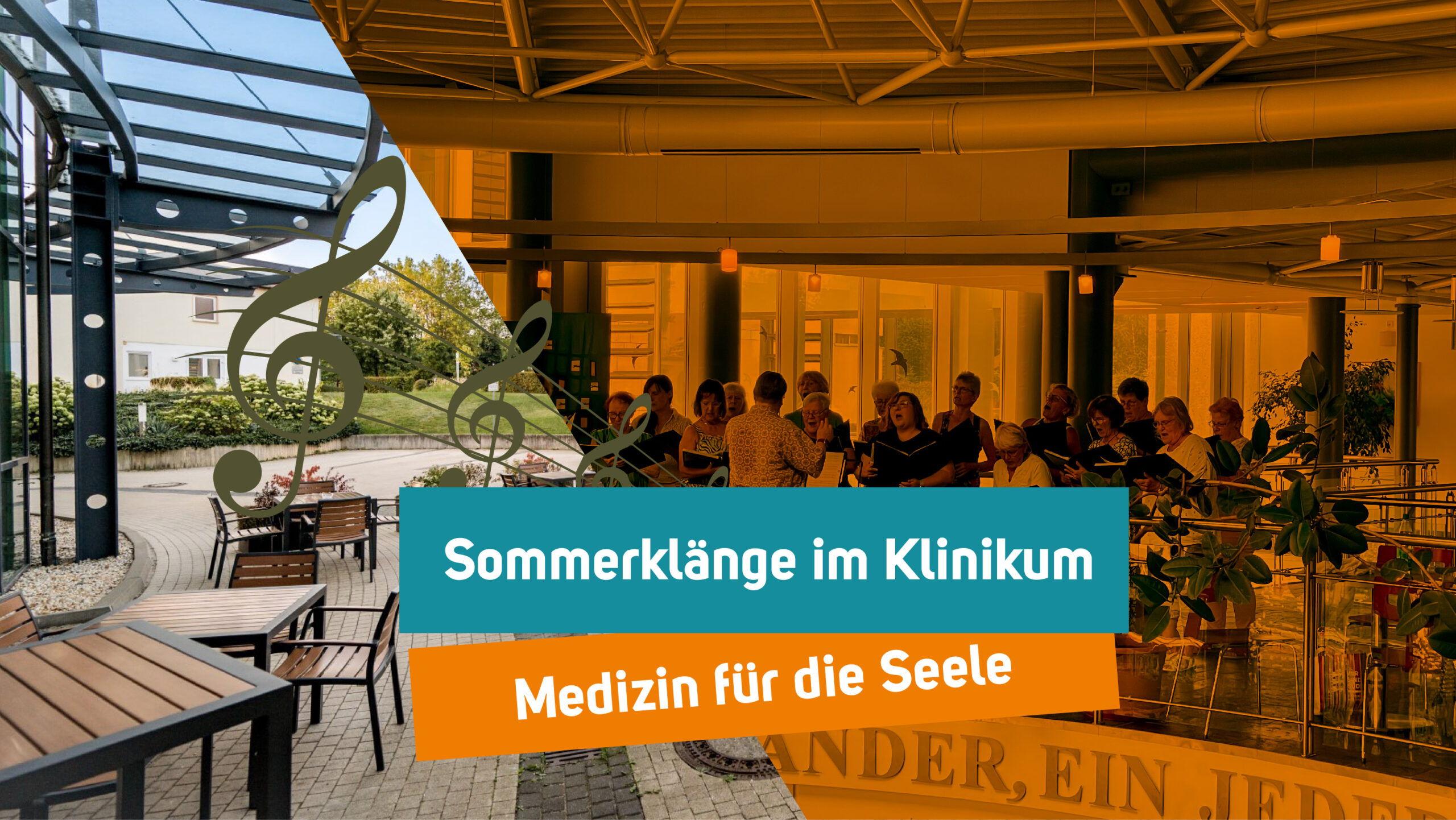 Chorauftritt im Foyer eines Krankenhauses bei den „Sommerklängen im Klinikum – Medizin für die Seele“.