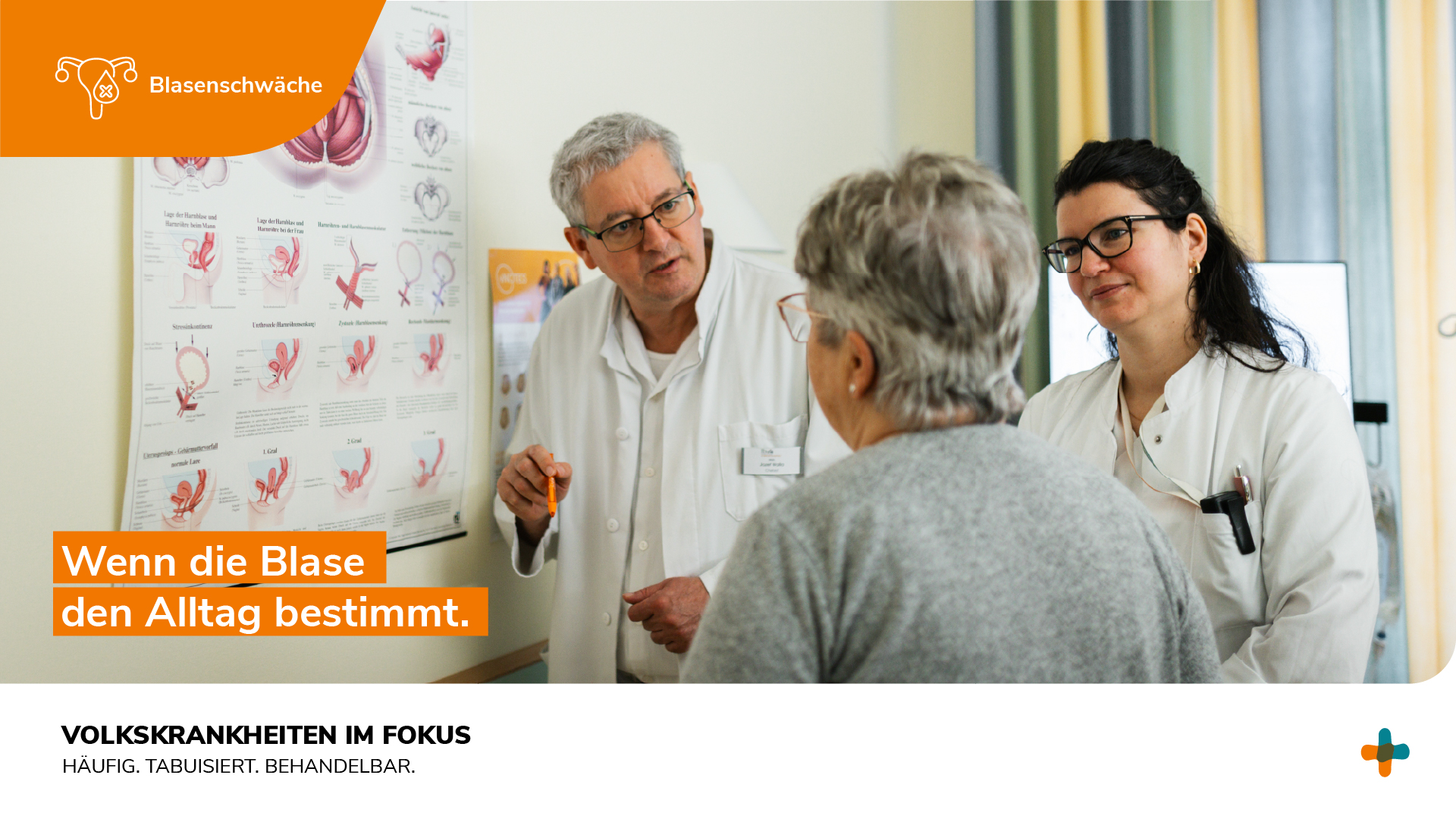 Arzt im Beratungsgespräch mit einer Patientin zum Thema Blasenschwäche – Informationsmaterial aus der Reihe „Volkskrankheiten im Fokus“.