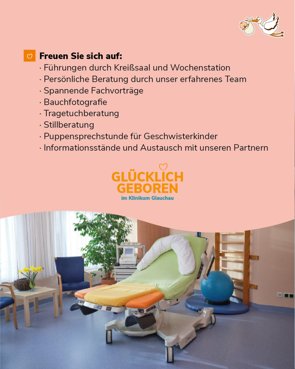 Ausgestatteter Kreißsaal im Klinikum Glauchau mit Infotext zu Führungen, Fachvorträgen, Stillberatung und Angeboten am Tag der offenen Tür.