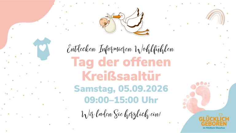 Plakat zum Tag der offenen Kreißsaaltür im Klinikum Glauchau am Samstag, 05.09.2026 von 09:00 bis 15:00 Uhr mit Storch-Illustration.