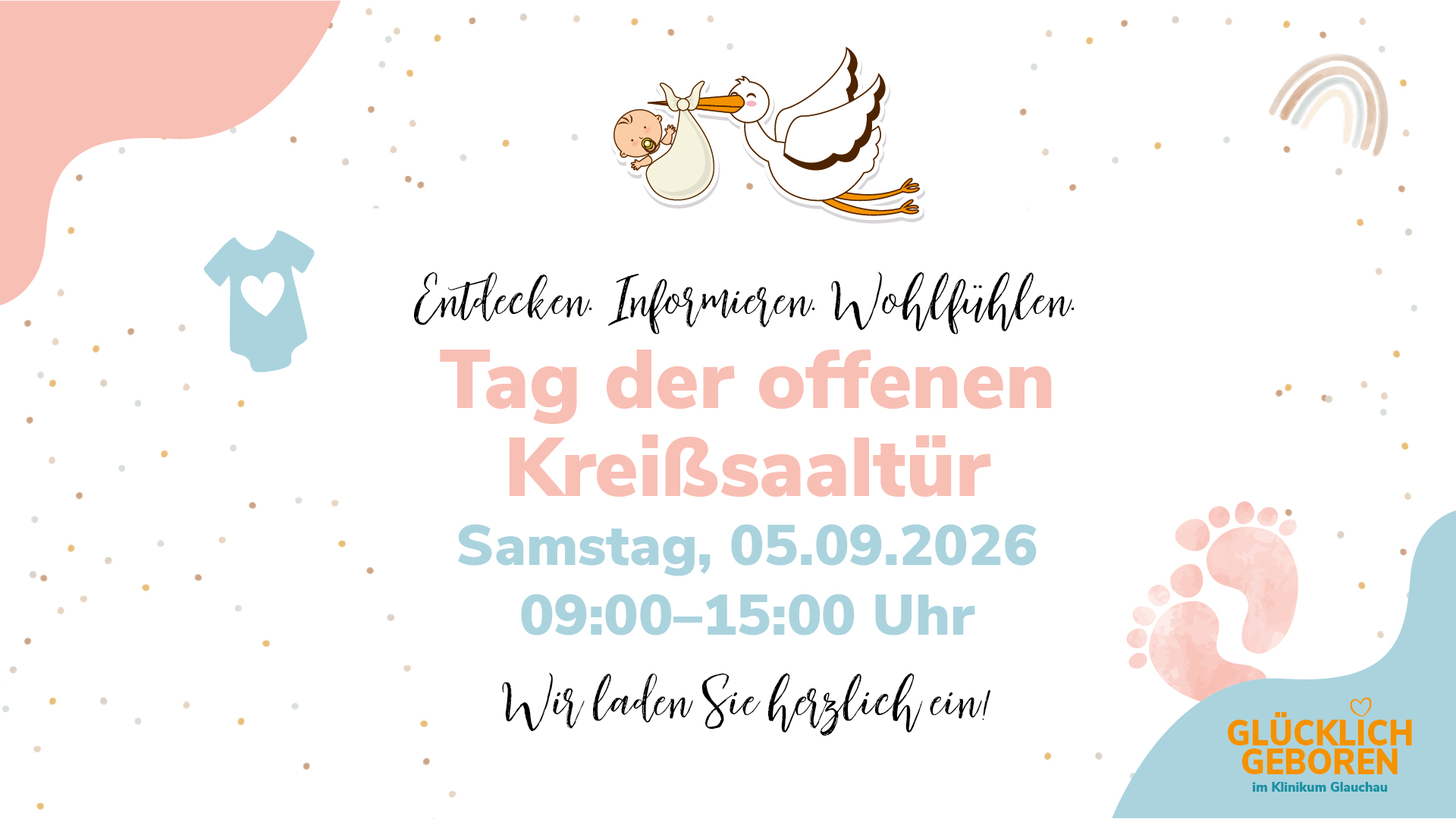 Plakat zum Tag der offenen Kreißsaaltür im Klinikum Glauchau am Samstag, 05.09.2026 von 09:00 bis 15:00 Uhr mit Storch-Illustration.