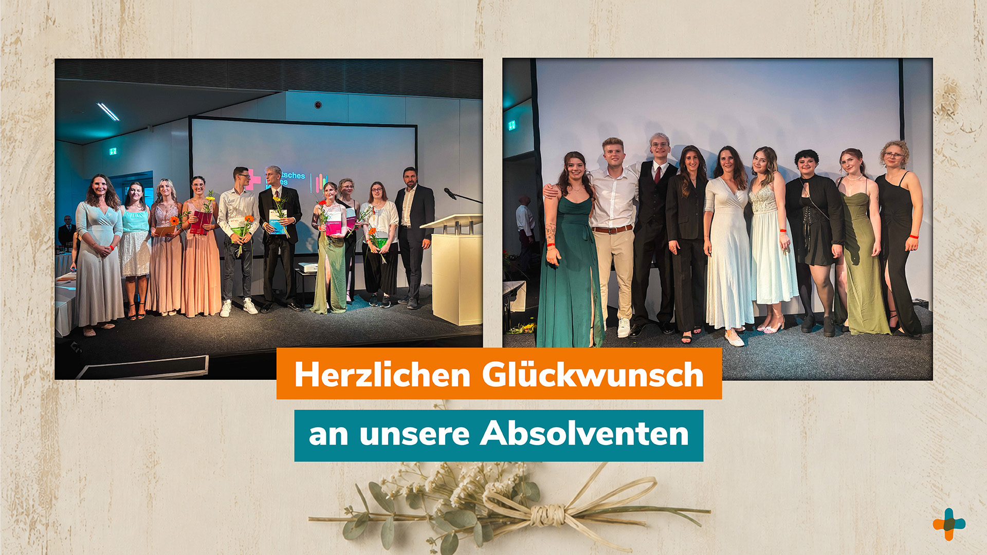 Absolventen des Klinikums Glauchau bei der feierlichen Zeugnisübergabe mit dem Schriftzug „Herzlichen Glückwunsch an unsere Absolventen“