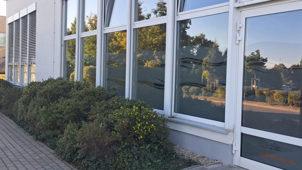 Außenansicht des modernen Kursraum-Gebäudes mit großer Fensterfront und gepflegtem Bepflanzungsbereich