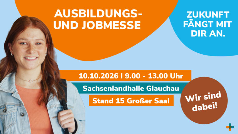 Flyer für Ausbildungs- und Jobmesse am 10.10.2026 in der Sachsenlandhalle Glauchau (Großer Saal, Stand 15).