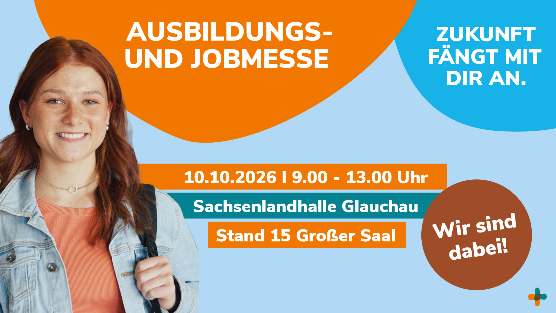 Flyer für Ausbildungs- und Jobmesse am 10.10.2026 in der Sachsenlandhalle Glauchau (Großer Saal, Stand 15).
