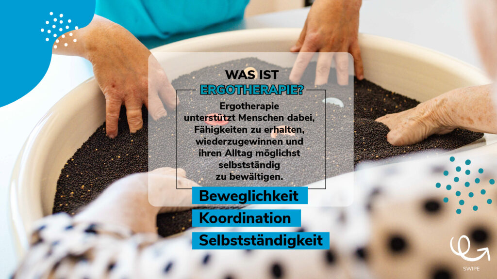 Was ist Ergotherapie? Erklärung und Schlüsselbegriffe wie Beweglichkeit, Koordination und Selbstständigkeit, untermalt von Händen in einem Perlen- oder Greifbad.